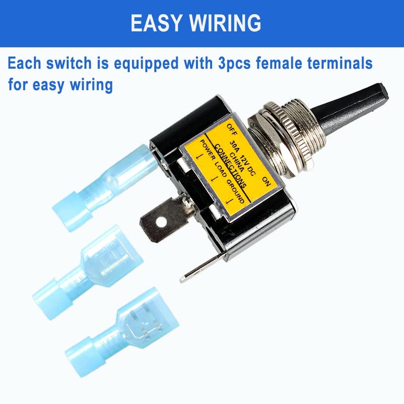 DMWD 2pcs LED Lighted Rocker Toggle Switch 12V 30A SPST ON/Off 3-Pin Metal Bakelite Housing with Terminals for Car Truck Boat (Blue) - Image 4